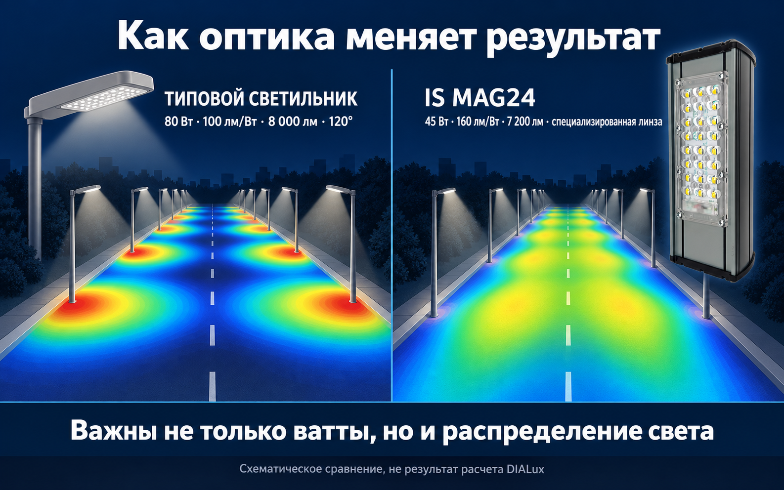 Схематическое сравнение типового светильника 80 Вт и IS-MAG24-45 с дорожной оптикой